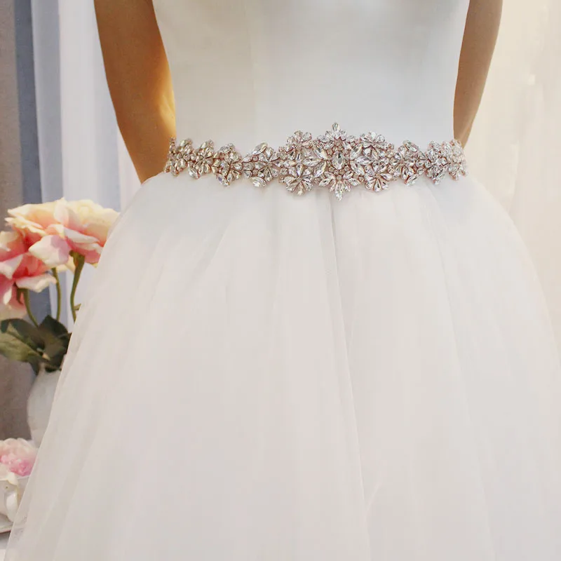 

SLBRIDAL Handmade Crystal Wedding Belt Satin Rhinestones Evening Prom Dress Belt Bridal Ribbon Sash Women Wedding Accessories
