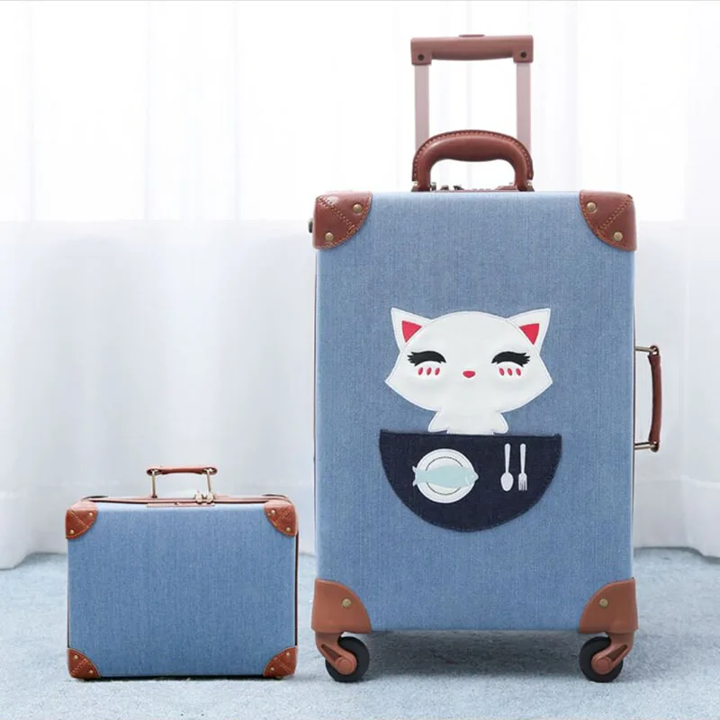 20 "Cabin 24" 26 "28inches Vintage PU Lady's Luxury Travel Suitcase Rolling Wheels Luggage Sets Blue With Makeup Bag Trolley Box