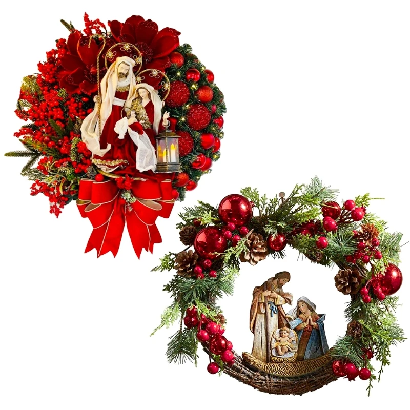 

Christmas Wreath with Light 2Pcs Natal Jesus Nativity Scene Garland for Xmas Tree Home Front Door Garden Farmhouse Hanging Ornam