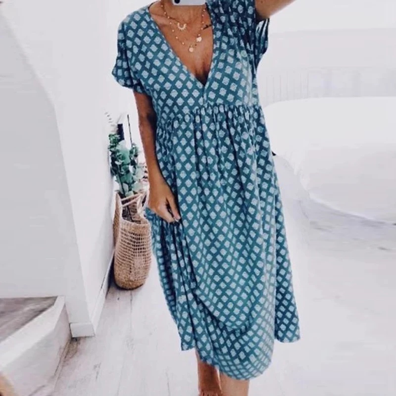 

3XL Elegant V-neck Print Beach Dress Women 2020 Spring Summer Short Sleeve Maxi Sundress Casual Loose Ladies Long Dress Vestidos