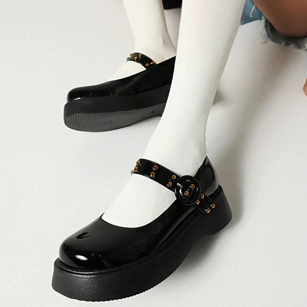 Eokkar 2022 Women Black Shool Uniform Shoes for Girls Patent Leather Mary Janes Wedges Heel Buckle Japanese Shoes Casual Pumps