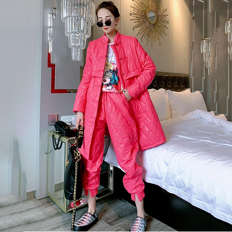 

2021 new winter warm two-piece loose mid-length cotton coat + thick warm pants suit two-piece cotton-padded clothes women trend