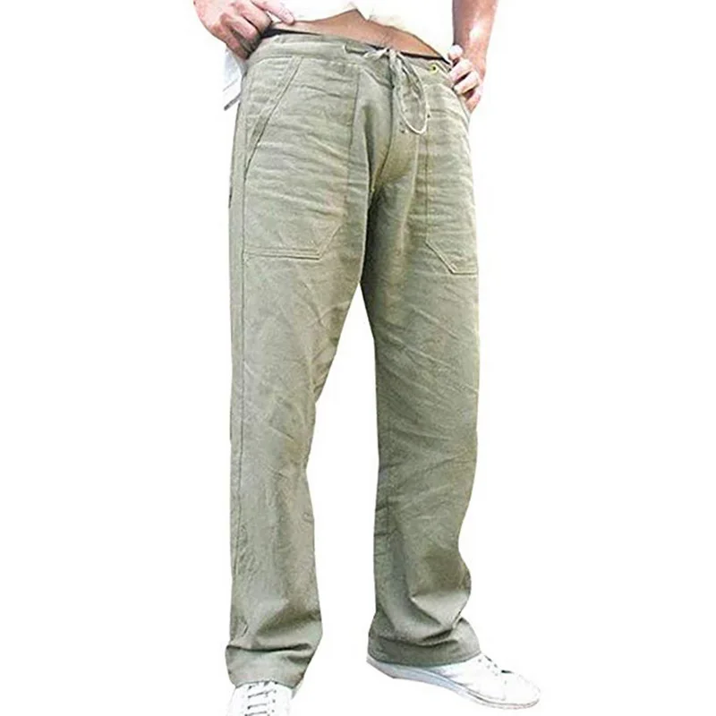 light green CYSINCOS мужские хлопковые льняные брюки летние брюки повседневные мужские однотонные прямые свободные брюки с эластичной резинкой на талии мужская одежда - Цвет: light green