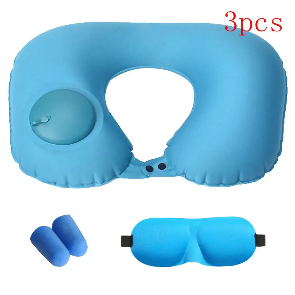 blue 3pcs 1/3Pcs Inflatable Cervical Pillow Outdoor Inflatable Pillow Travel Air Pillow Sex U Shape Neck Pillow Earplugs Eyemask - Цвет: blue 3pcs