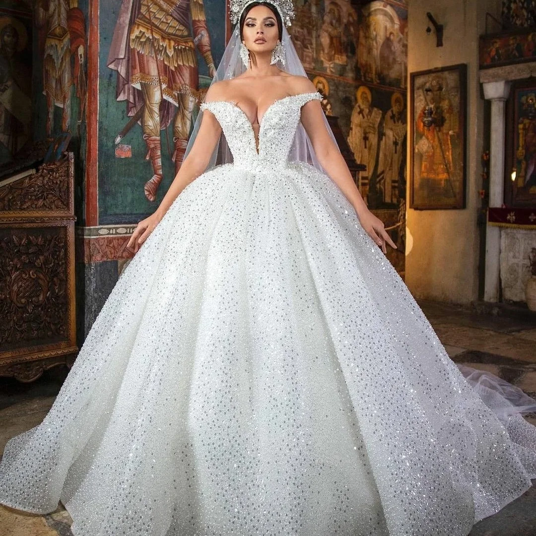 

Retro A Line Wedding Dresses Bling Bling Sequins Bridal Gowns Off the Shoulder Plus Size vestido de novia