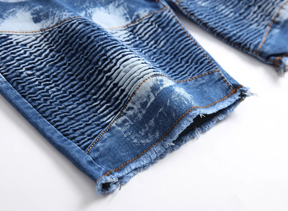 

summer Denim slim Stretch shorts zipper Straight Moto & Biker blue ruched Jeans pants for Men big size 40 42