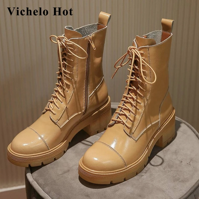 

Vichelo Лидер продаж большие размеры мотоциклетные ботинки из натуральной кожи с перекрестной шнуровкой, с круглым носком обувь на толстом выс...