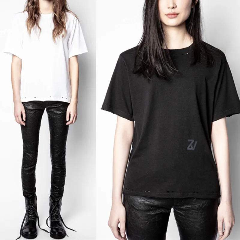 

Женская футболка с круглым вырезом, свободная стильная футболка с коротким рукавом и принтом букв с дырками, весна-лето 2021