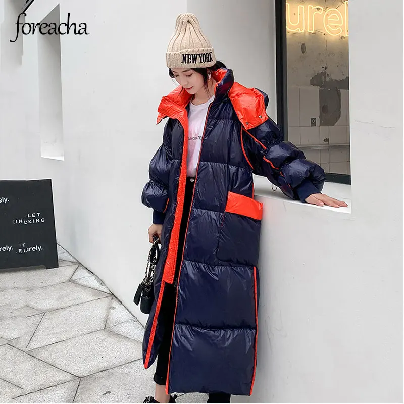 

foreacha Korean women high quality mid length hooded white duck down coat over the knee shiny zipper padded down jacket one size