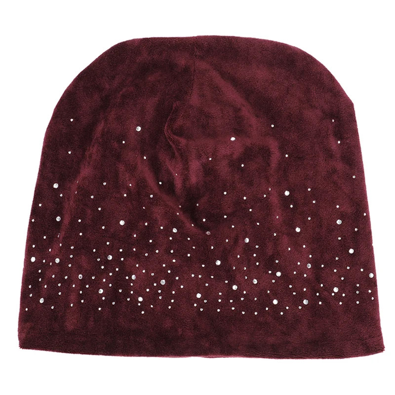 Новые женские стильные яркие Стразы Beanie Осень Зима Женская бархатная ткань Повседневная шапка женская мягкая шапка, вязаная шапка-носок Лыжная шапка