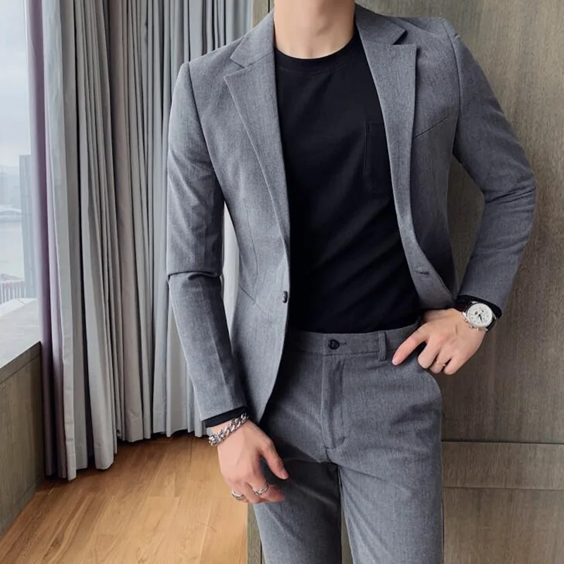 

(Jackets+pants) 2021 Brand clothing Men spring High quality business Blazers/Male slim fit cotton leisure groom dress two-piece