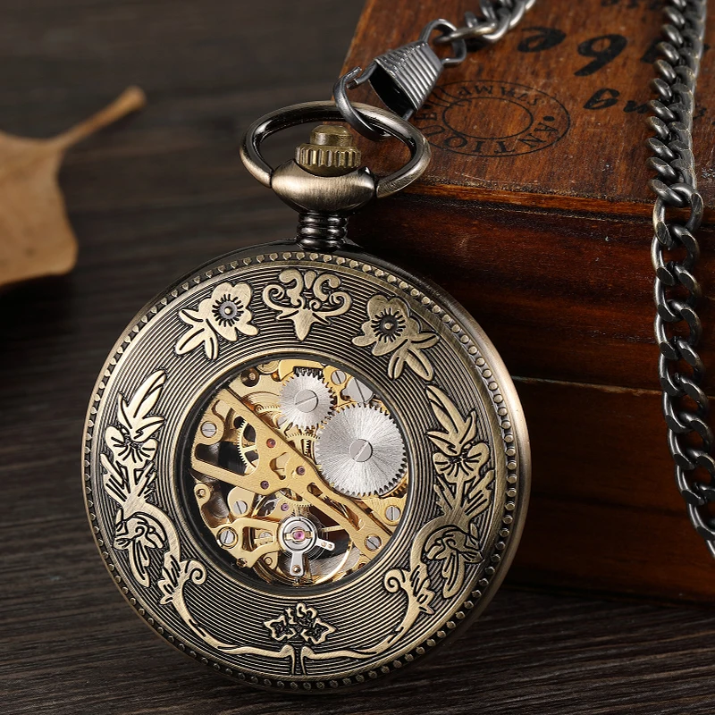 Mechanical Pocket Watch Antique Skeleton Dial Fob Chain Engrave Hollow Out Case Hanging Clock with Gift Box for Men Dropshipping