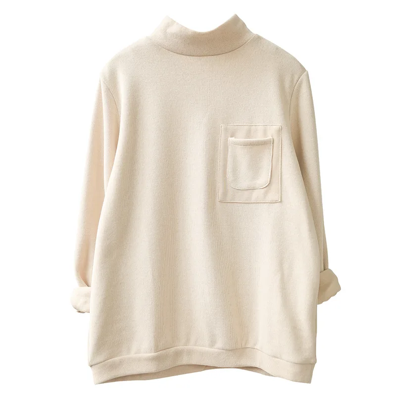 

Thread Draft High Collar Pullover Knitted Woolen Soft T-shirt Female Cream Color Bottomed Tshirt Loose Turtle Neck Thin Cotton