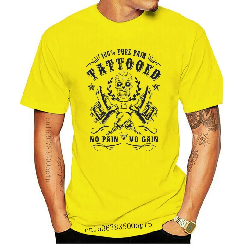 

New 2021 Fashion Tee Shirt Tattooed 100% Pure Pain Tattoo Tatouage Dermographe Calavera Tees