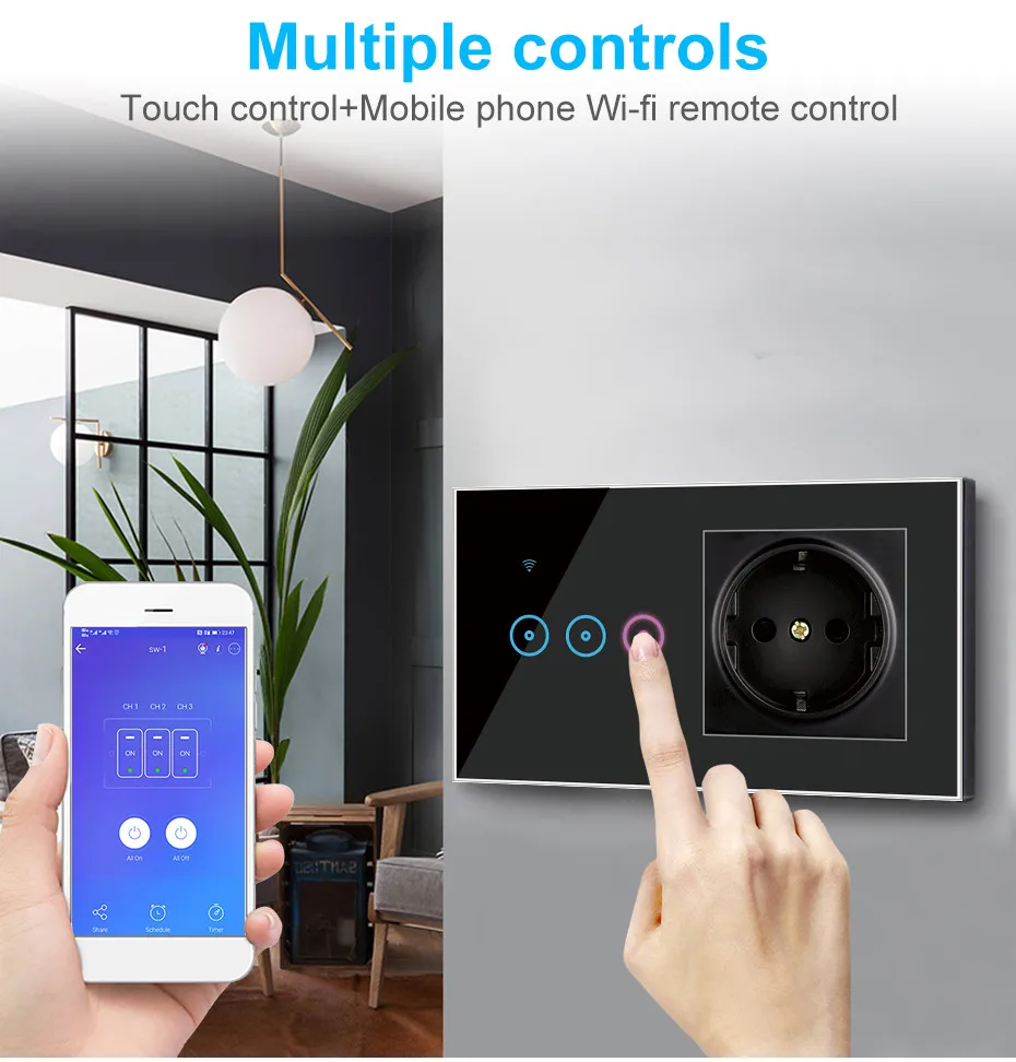 ASEER Tuya/Ewelink 1-2-3 банды WiFi смарт-переключатель с гнездом Хрустальная стеклянная