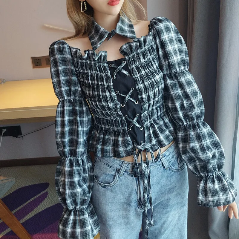 Ruibbit панк Харадзюку Тонкая Клетчатая рубашка Модные женские Топы с длинным