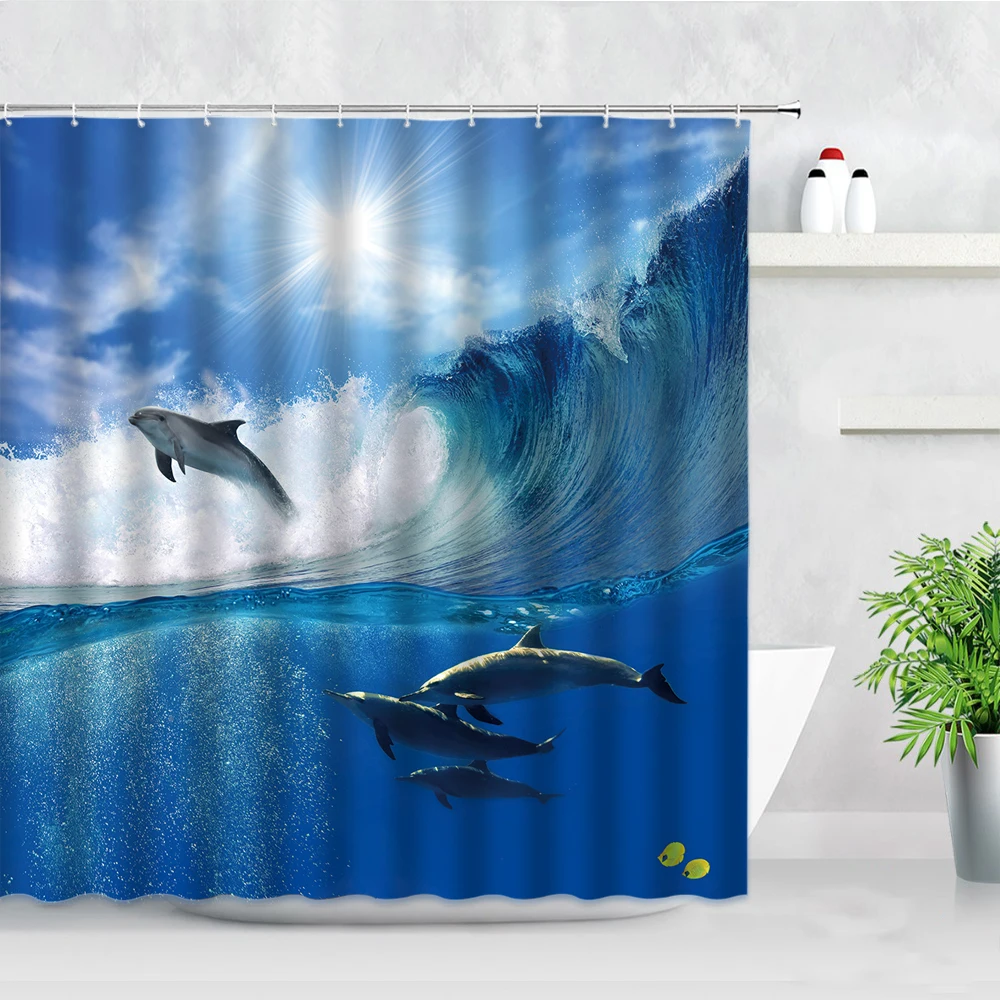 

Waterproof Cloth Shower Curtain Set Ocean Animals Jumping Dolphin Sea Water Scenery Modern Children Bathroom Decor Bath Curtains