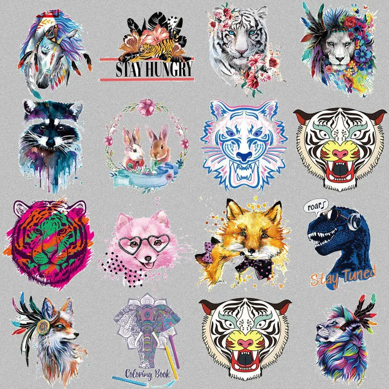 

1PCS color forest large animal Leopard, fox, lion, elephant beast heat transfer sticker for iron accessories on men's T-shirts