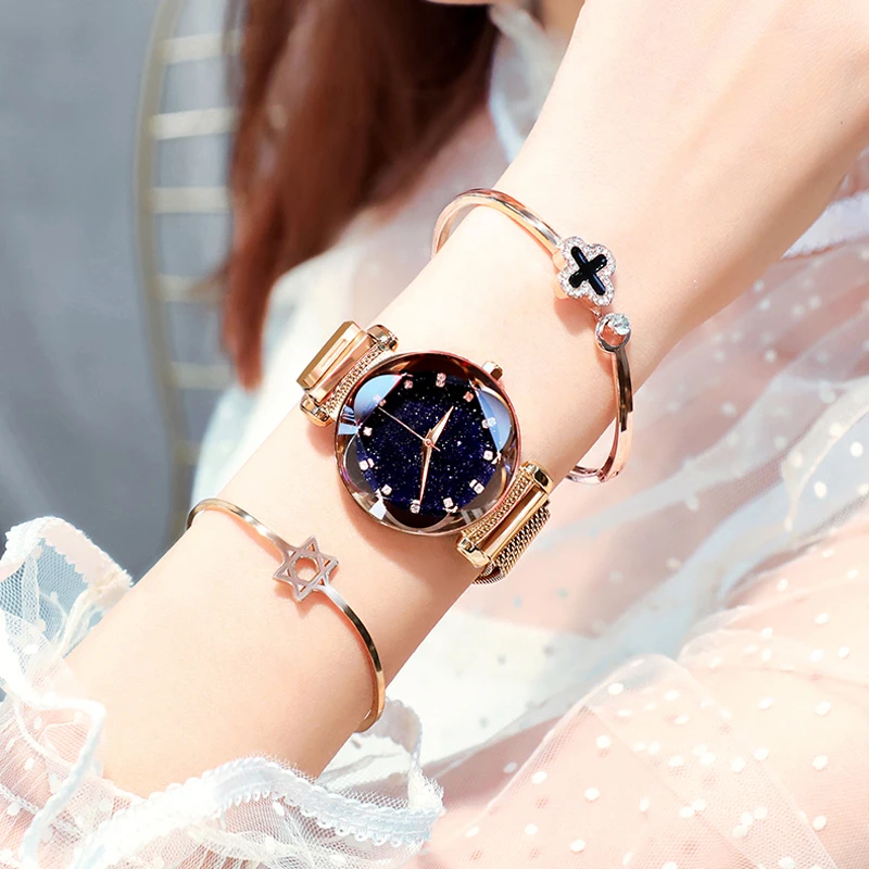 

2020 PopLuxury Women Watches Fashion Elegant Magnet Buckle Rose Gold Ladies Wristwatch Starry Sky Diamond Gift Quartz Clock