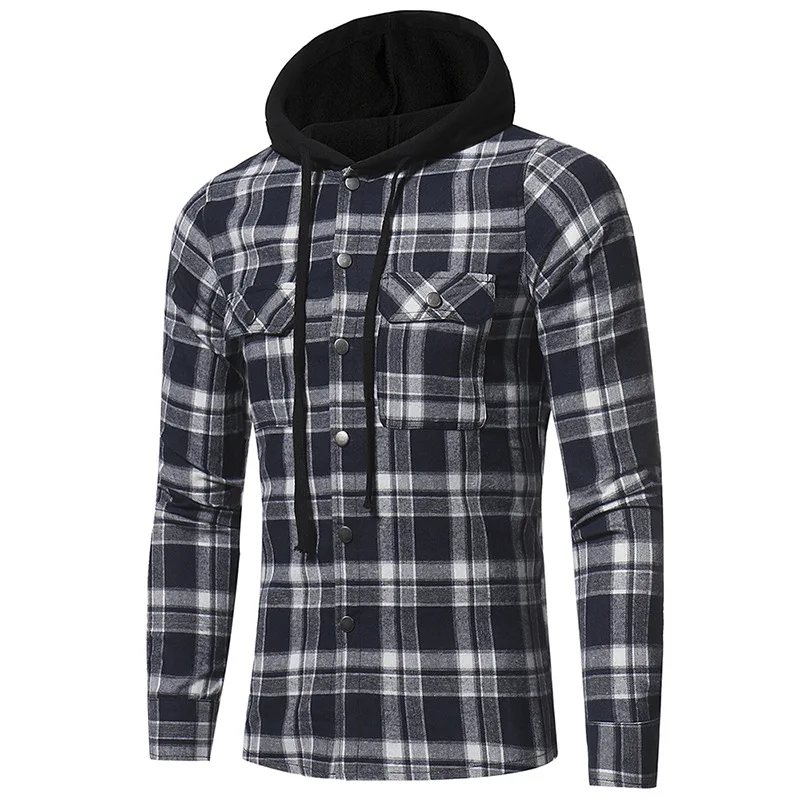Hooded shirt men fashion Hip hop Streetwear plaid shirt men High street social checkered long sleeve shirts