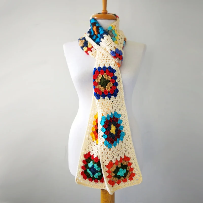 

Handmade Granny Square Soft Woolen Yarn Scarf Winter Thicken Warm Shawls For Women Colorful Crochet Wraps & Winter Clothing