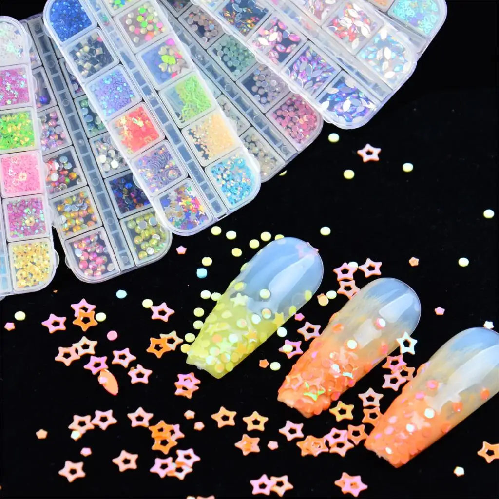 

12 Colors Colorful Crystal Nail Art Rhinestones Acrylic Nail Stones Beads Studs Flat Back Shiny Tips 3D Nails Art Decorations
