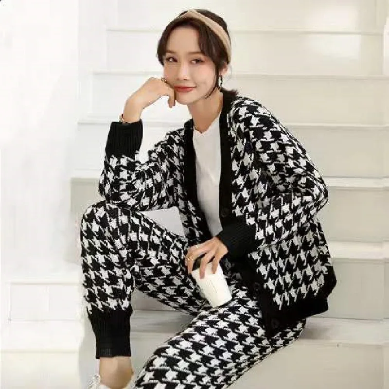 

Женский комплект из двух предметов, повседневный Свободный кардиган с рисунком «гусиные лапки», брюки-султанки, весна 2022