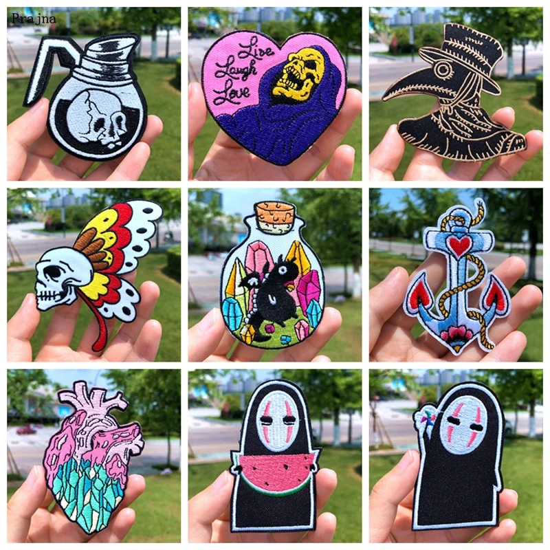Мультяшные аниме патчи Prajna с вышивкой в виде черепа бабочки сердца|Заплатки| |