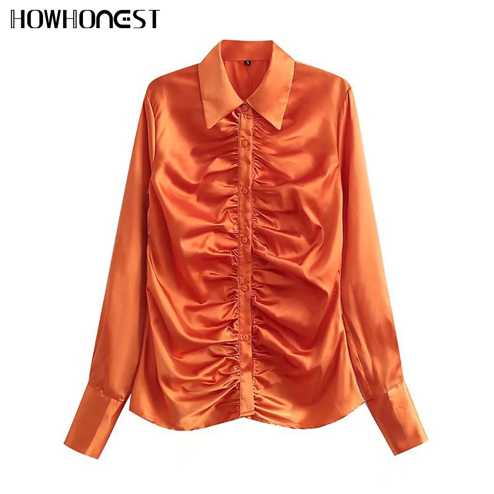 

Женская блузка в европейском и американском стиле, модный однотонный уличный кардиган, Элегантная блузка с длинным рукавом, атласная плисс...