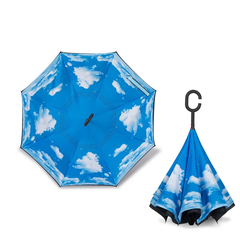 

Folding Long Shank Double Layer Inverted Umbrella Windproof Reverse C-Hook male golf umbrella reverse Umbrellas For Car