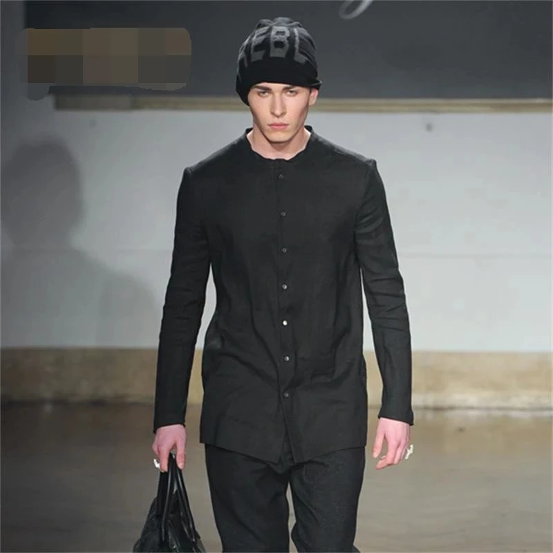 

Men's Shirt Stand Collar Top Autumn 2022 Cotton And Linen New European Fashion Show Solid Color Slim Fit Large Length Shirt