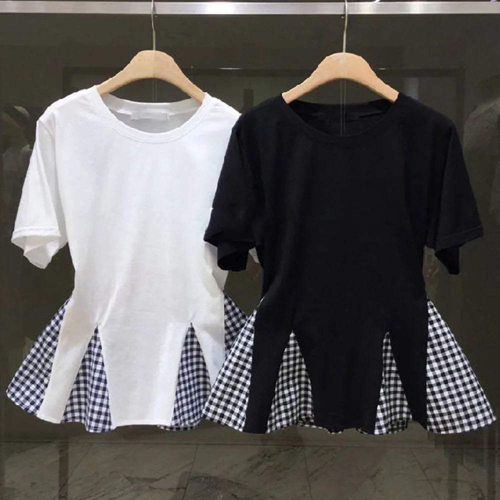 

T-shirt 2021 New Style Summer New Korean Fashion Fake Two-piece Tops Women Round Neck Short Sleeve Color Block Shirts Girls
