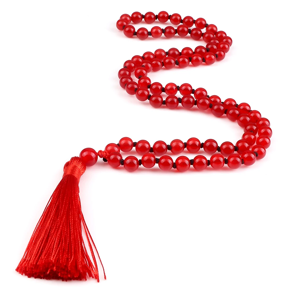 

8mm Natural Red Stone Beaded Mala Necklaces Handmade Knotted Elastic Necklace Women Men Lucky Tibetan Buddhis Gril Jewelry Gifts