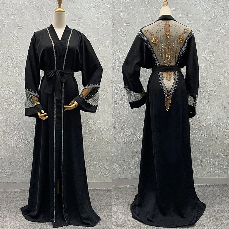

2021 New Muslim Abayas Dubai Kaftan Abaya Hijab Set Shiny Stones Beading Lace Dress Boubou Turkish Woman Clothes Cardigan