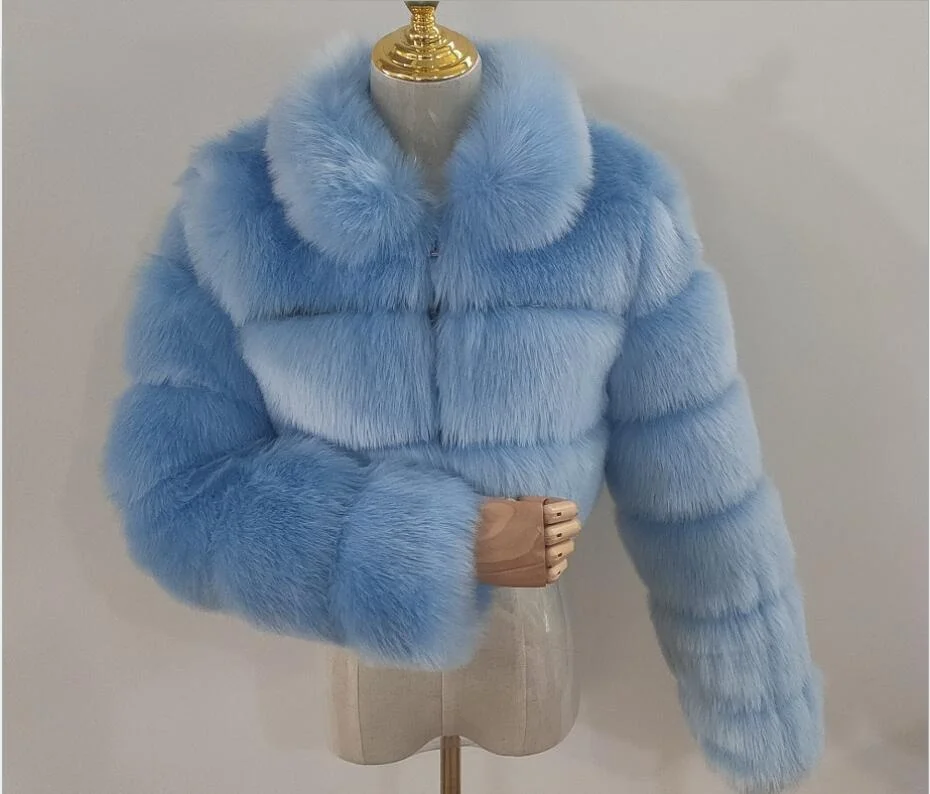 

Fake Fox Fur Jackets With Collar Women Shorts Winter Warm Thick Fur Coat Genuine PU Whole Leather Coats Female Fashion
