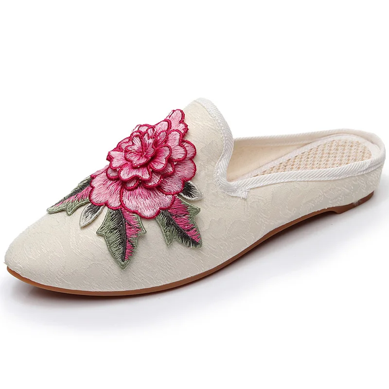 

Shoes Slippers Flat Pointed Toe Low Slides Cover Fabric Embroider Ethnic Bling TPR Retro Floral Cotton Pointed Toe Low Shoes Sli