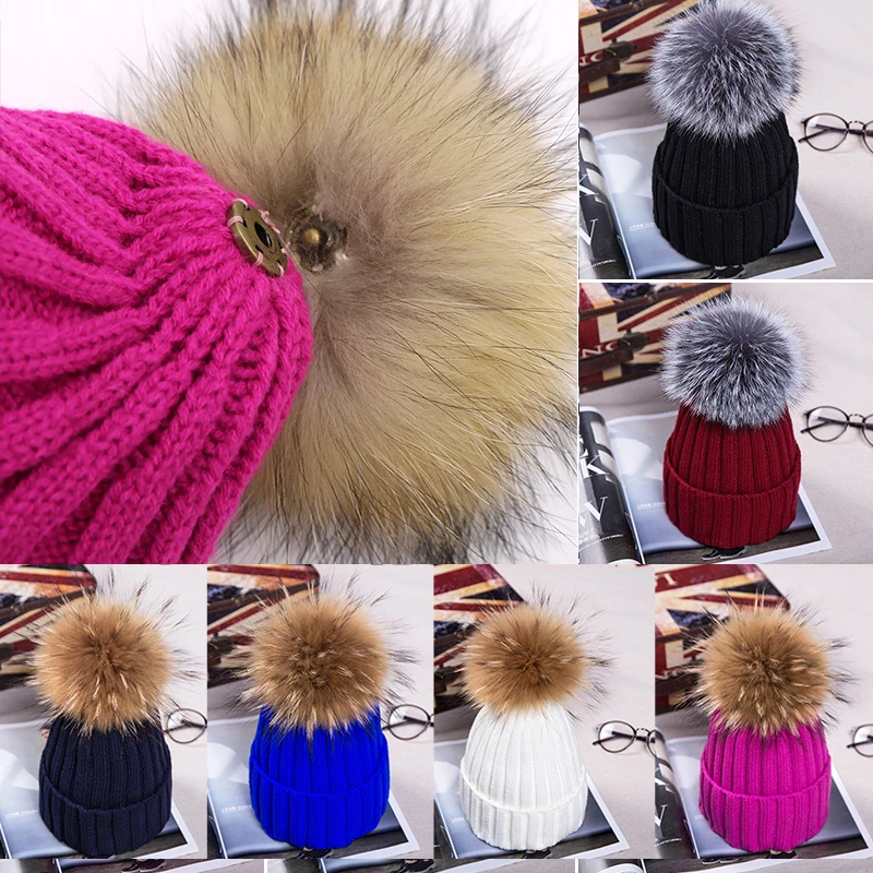 

Autumn Winter Thick Warm Skullies Beanie Fur Pompom Knitted Beanies Hats Women Hat Female Knit Bonnet Beanie Caps Outdoor
