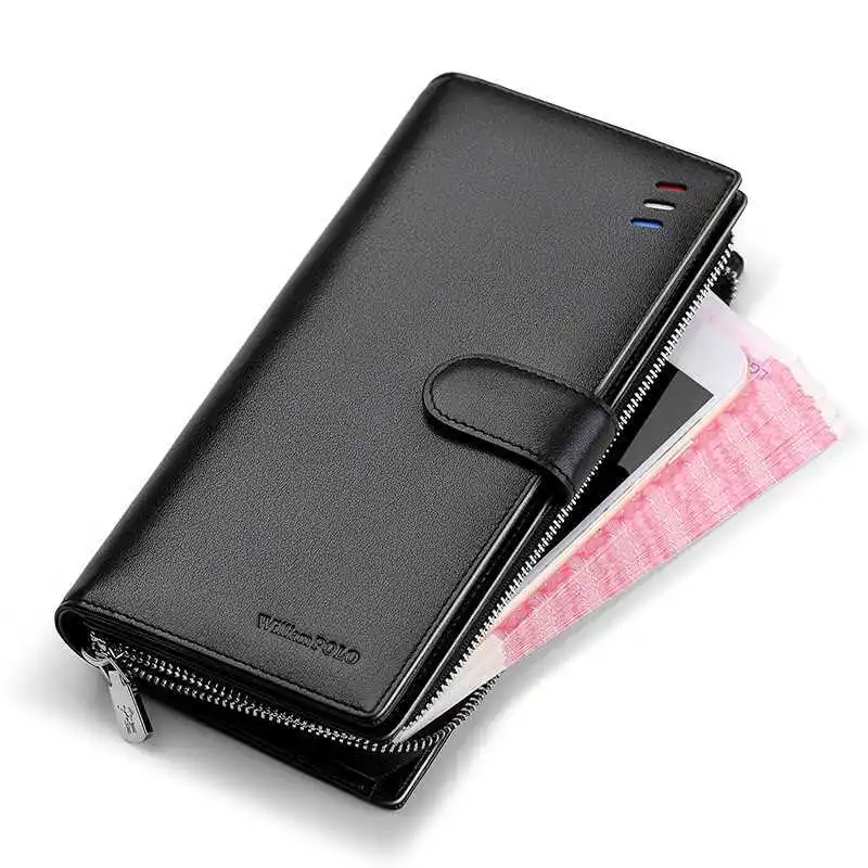 Мужской Длинный кошелек из натуральной кожи черный модный для телефона с
