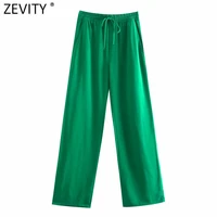 zevity women simply solid green color pockets casual straight pants female chic elastic waist lace up summer long trousers p1116