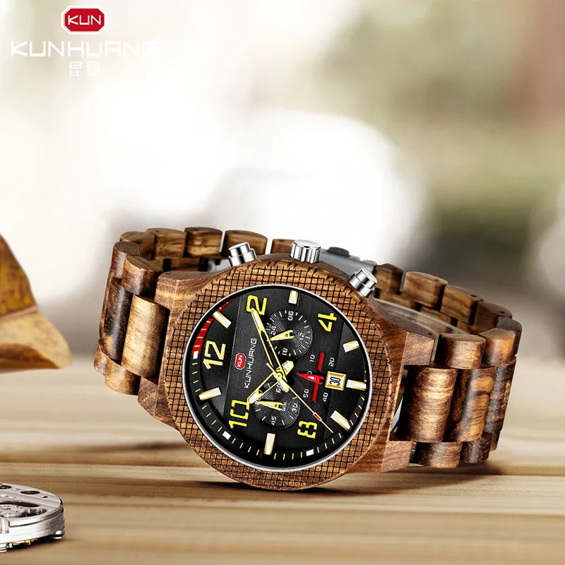 

KUNHUANG Sport Men Quartz Wristwatches Relojes Hombre 2020 Modernos Fashion Calendario Wood Watch Trending Products 2021 Horloge