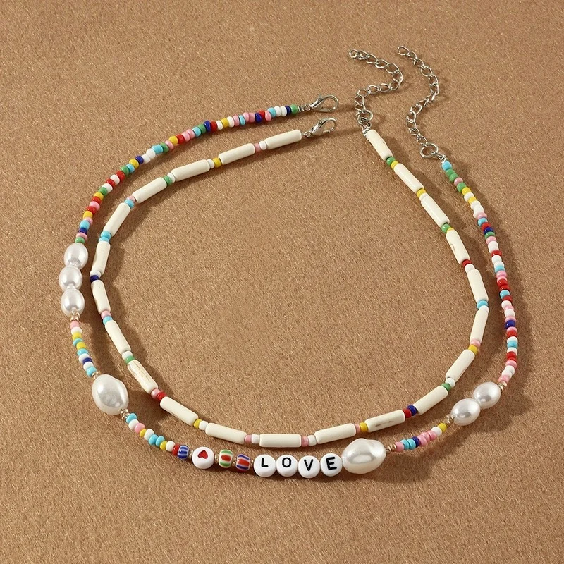 

Wholesale Beads Love Necklace Sets for Women Choker Multilayer with Fashion Pearl Boho Vintage Streetwear Collier Femme