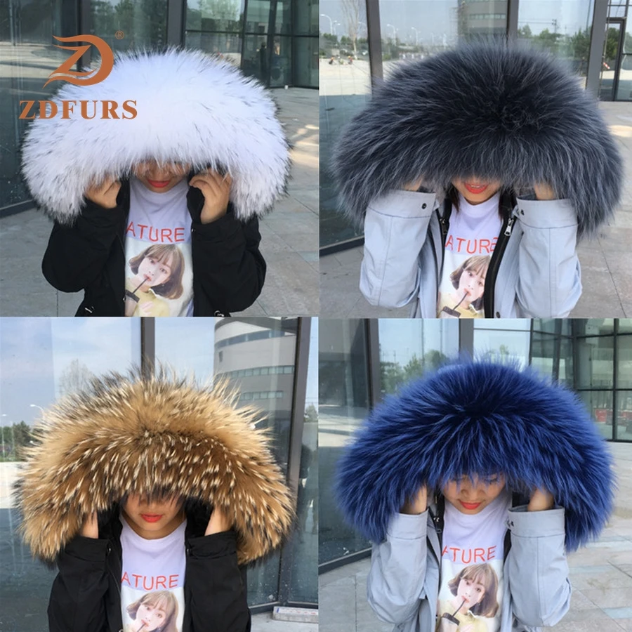 ZDFURS* натуральный меховой воротник для парки Роскошная Верхняя одежда натуральный теплый шарф женский большой мех енота Шарфы мужские куртки 75 см