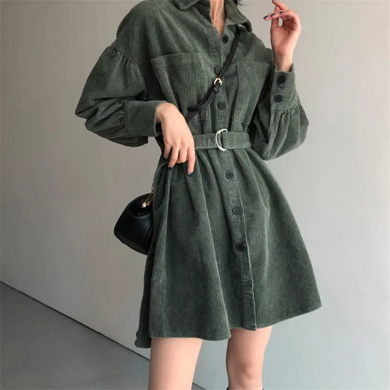 

HziriP Retro Green Solid Corduroy Thicken Korean Plus Size Sashes Stylish Chic Office Lady Streetwear High Waist Dresses
