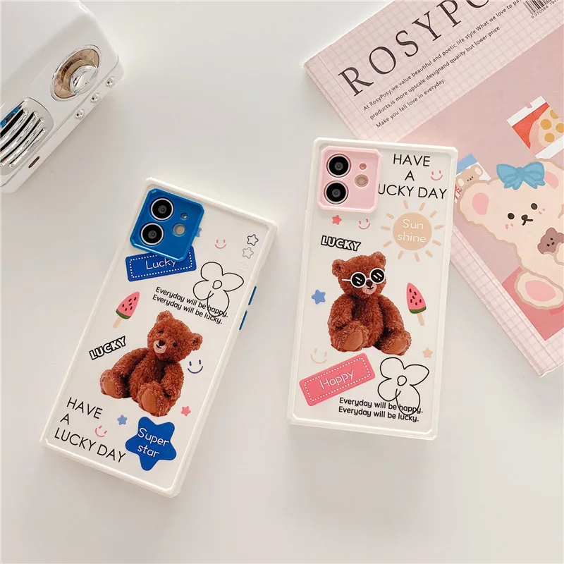 

Luxury Metal Lens bear Protection Phone Cases for IPhone 12 11 Pro XS MAX XR X 8 7 Plus Cute Cartoon Frame Print Soft Back Cover