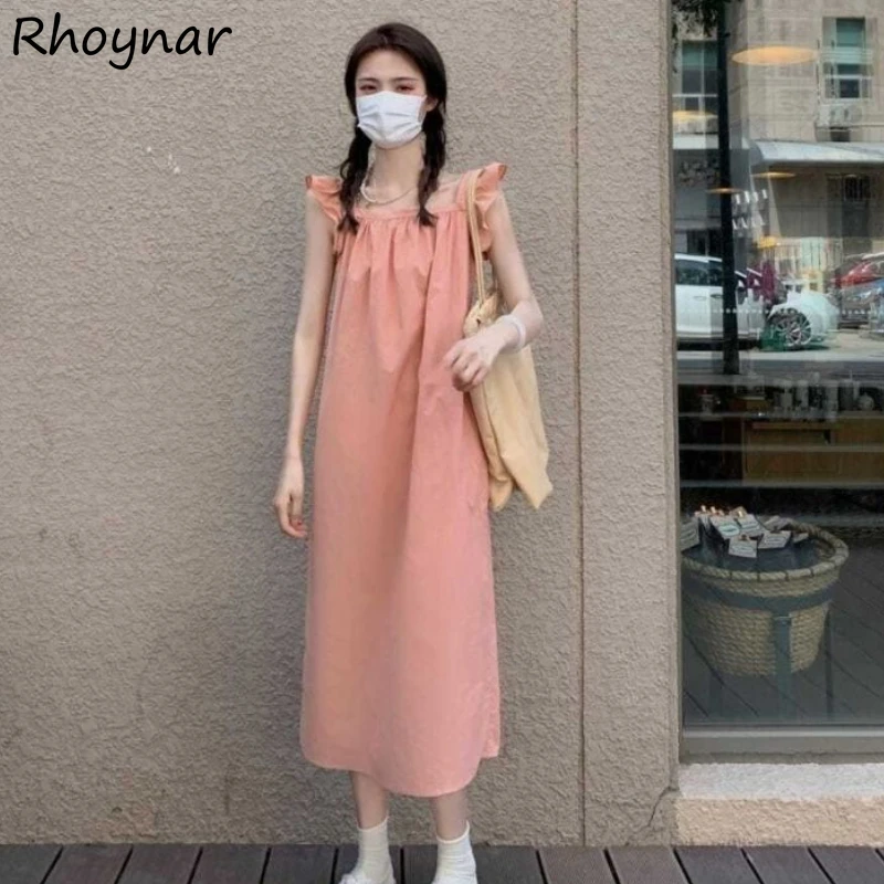 

Oversize Dress Women Pink Girls Lovely S-4XL All-match Summer Sundress Flying-sleeve Stylish Solid Simple Holiday Ins New Trendy
