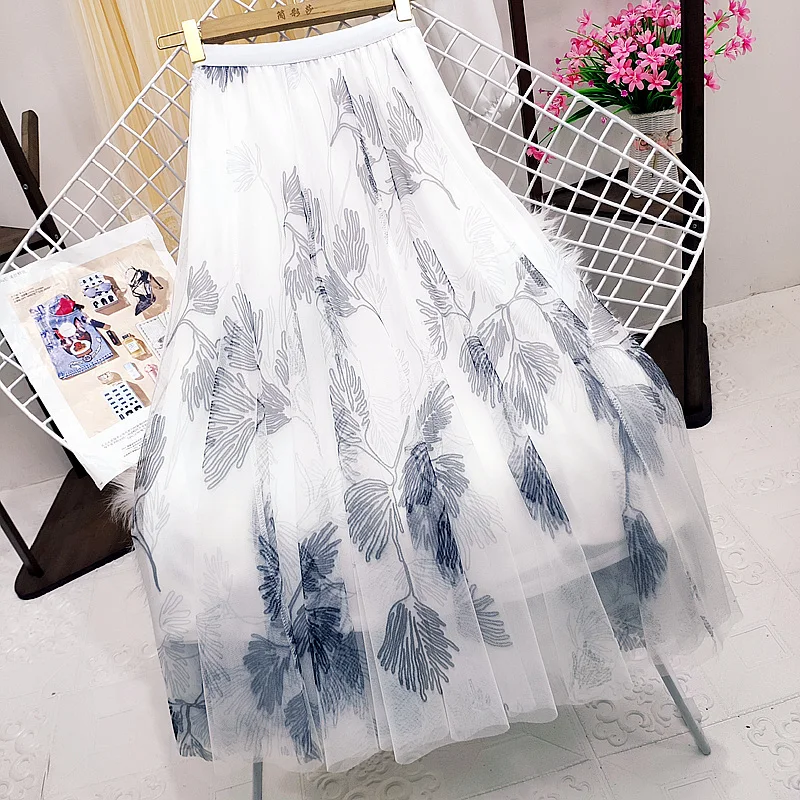 

2021 Summer Trend Gauze Patched Big Swing Blue Skirt Office Lady Casual Bottom Leaves Print Pink A Line Pleated Dress Women