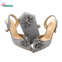 silver color new design specials 3 d pu shoes matching bag set comfortable heels african women sandals for dress
