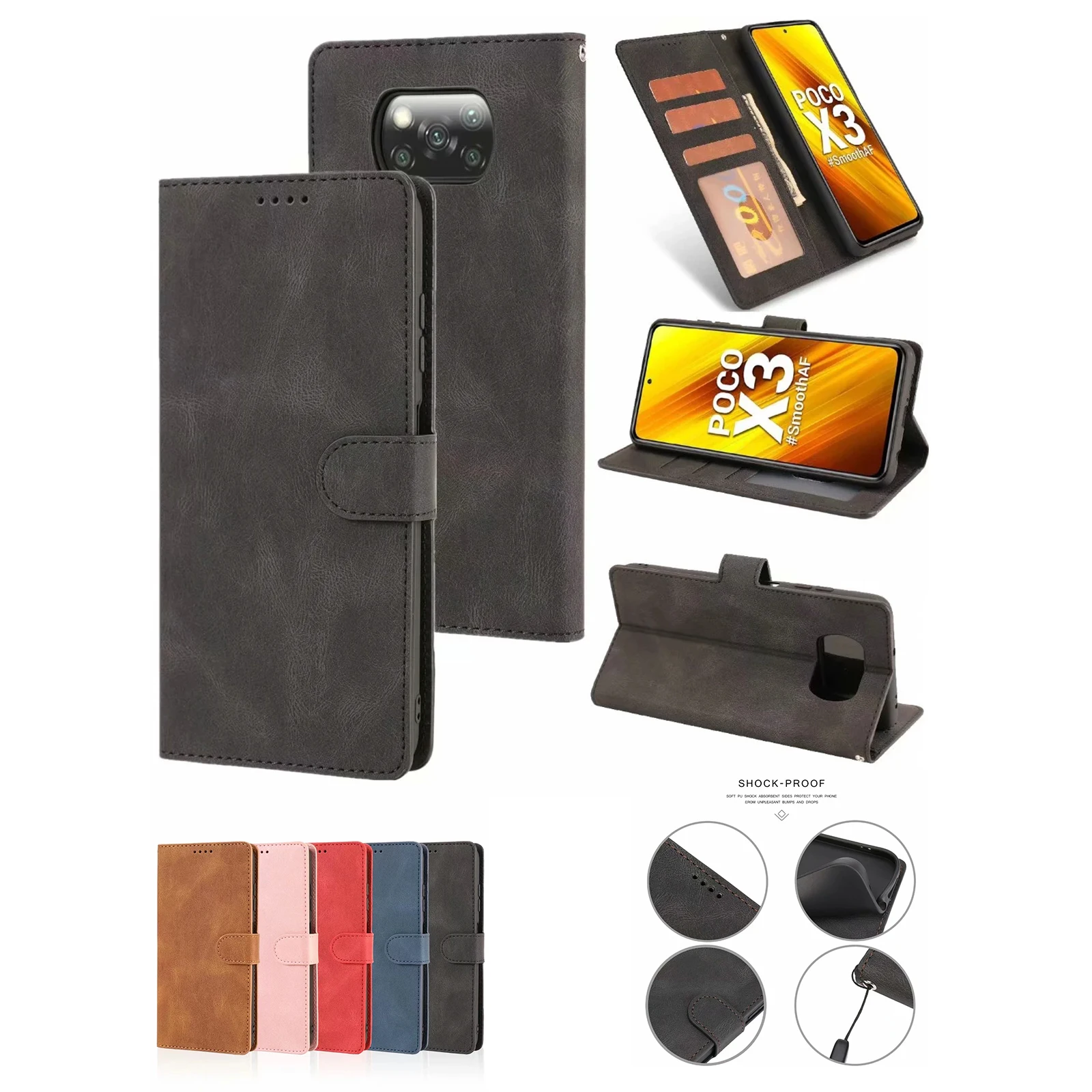 flip wallet phone case for xiaomi poco x3 f3 10t pro lite redmi 8 8a 9 9a 9i note 8 8t 9 10 s pro max leather case protect cover free global shipping