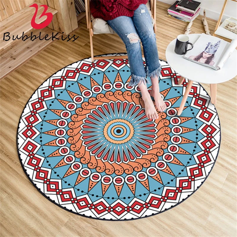 Круглые ковры в этническом стиле красные и синие геометрические тотемные узоры