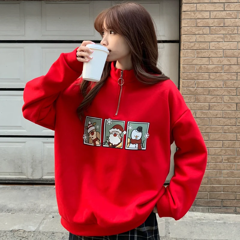 

Women 's Hoodie Christmas Jumper Red Cartoon Snowman New Year Kawaii Zipper Pullover Streetwear Winter Sweartshirt Coat 2022 New